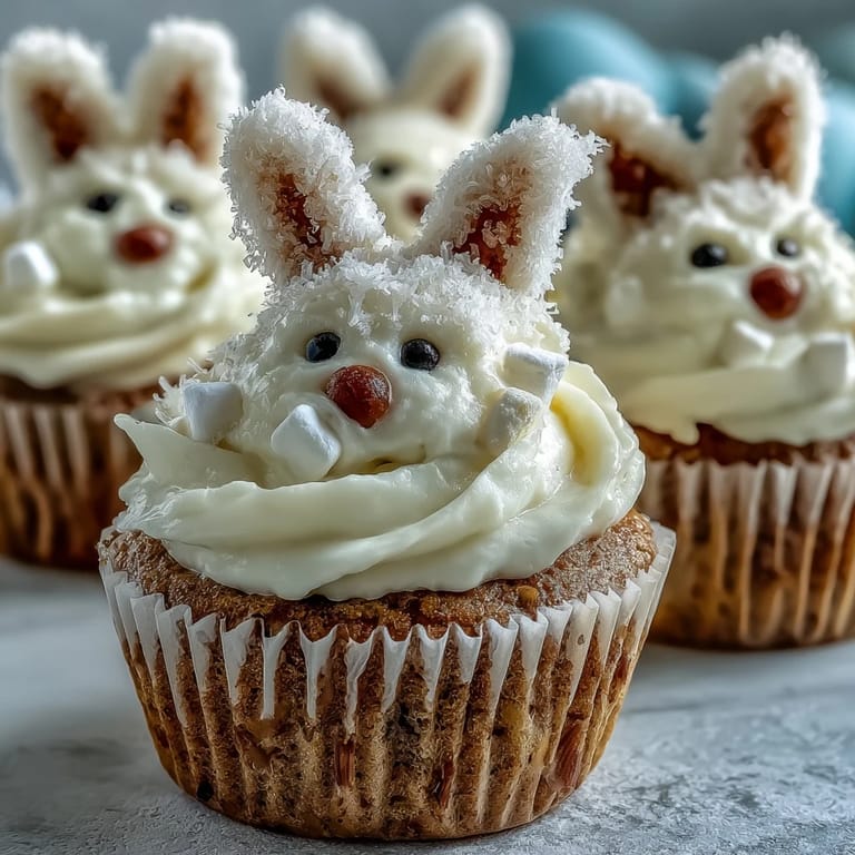 Adorable Easter Bunny Carrot Cake Cupcakes decorated with pink marshmallow ears, candy eyes, and fluffy tails for festive celebrations.