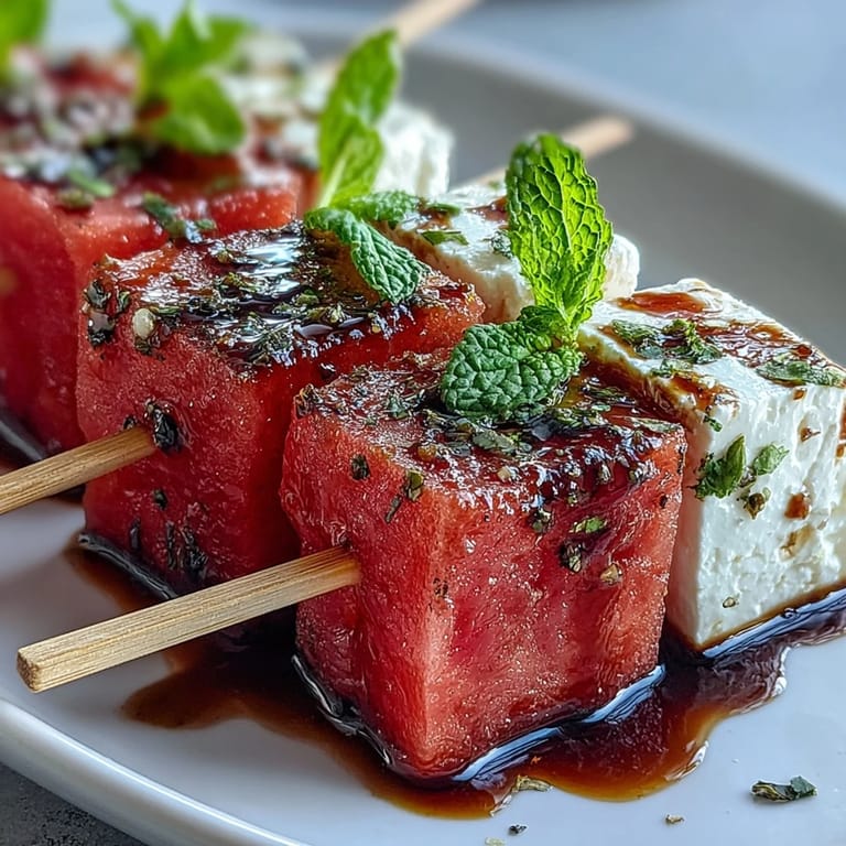 Colorful summer appetizer featuring juicy watermelon, creamy feta, and fresh mint arranged on skewers.  