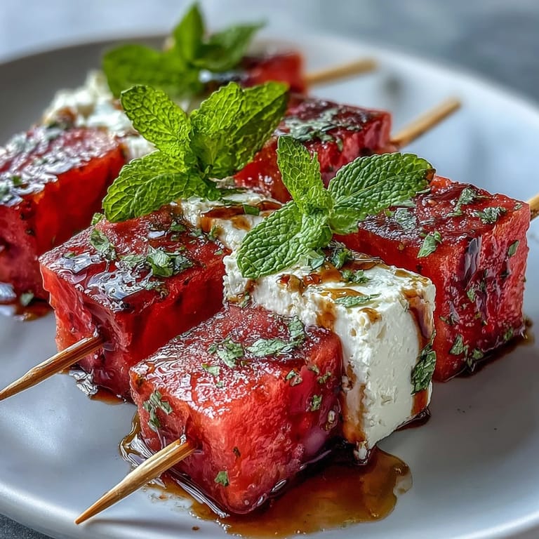 Refreshing watermelon and feta cheese skewers garnished with mint and olive oil for a party platter.