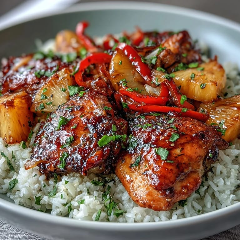 Sweet and savory Pineapple Chicken and Rice Skillet, featuring golden-brown chicken, bright bell peppers, and tropical pineapple chunks.
