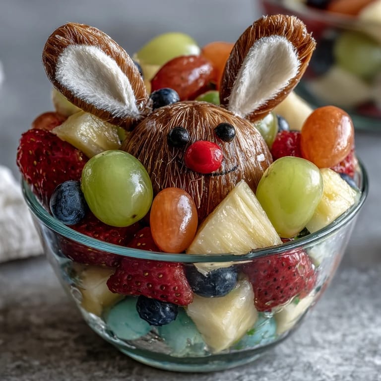 Festive bunny-shaped fruit cups with marshmallow faces, candy noses, and paper ear decorations, perfect for Easter or spring celebrations.
