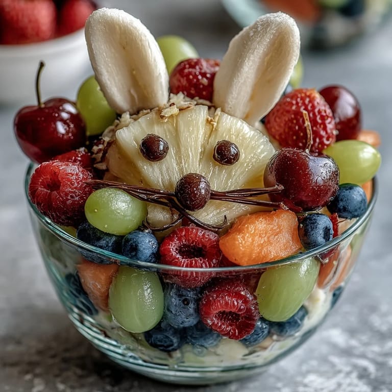 Healthy and fun bunny fruit cups made with fresh mixed fruit, topped with cute marshmallow cheeks, candy eyes, and pink jellybean noses.