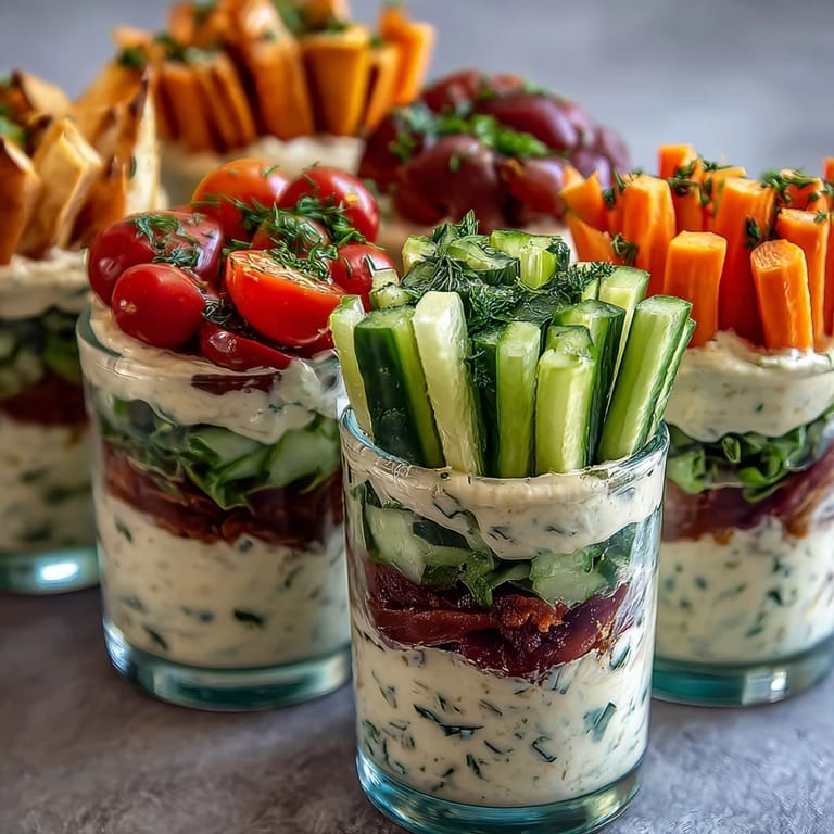 Healthy veggie cups featuring crunchy carrots, celery, and bell peppers alongside a zesty Greek yogurt ranch dip.