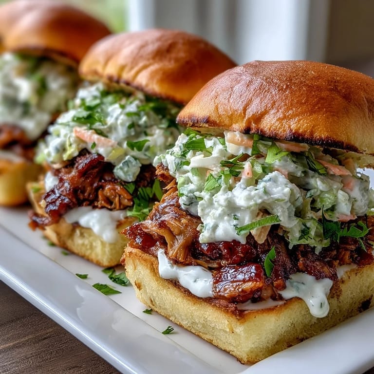 Tender pulled pork sliders drizzled with BBQ sauce and finished with fresh coleslaw, ideal for festive American parties.