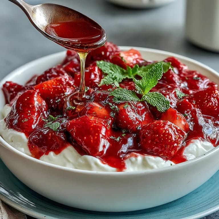 Bright red strawberry compote spooned over smooth Greek yogurt, garnished with fresh mint leaves for a colorful and tangy treat.