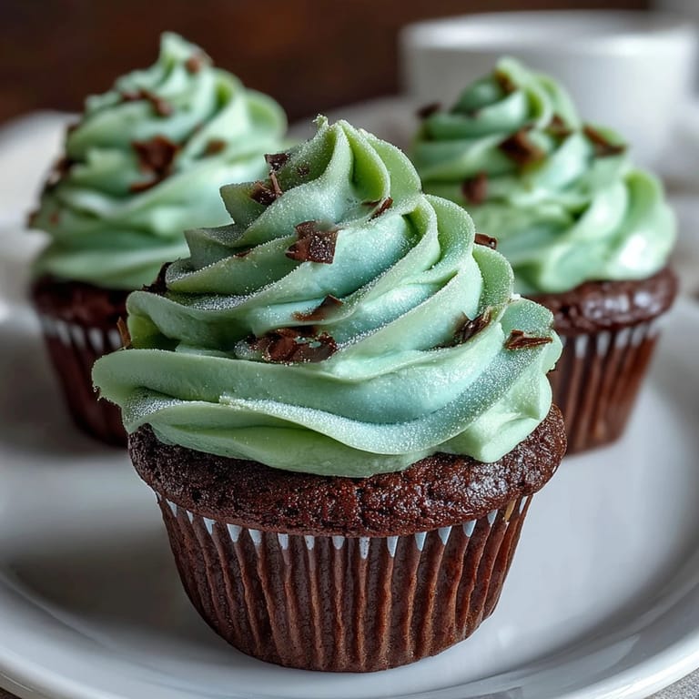 Moist green velvet cupcakes with a hint of cocoa, decorated with swirls of cream cheese frosting for a festive dessert.
