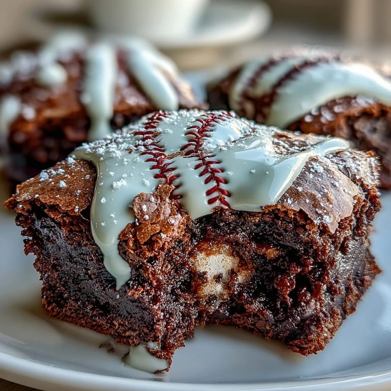 Fudgy mini brownie bites with sweet white icing laces, great for baseball fans and dessert lovers.