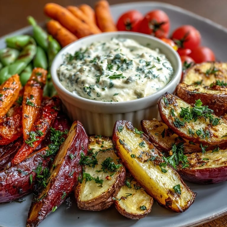 Crisp radishes and sugar snap peas arranged around a creamy herb dip, ideal for spring entertaining or snacking.