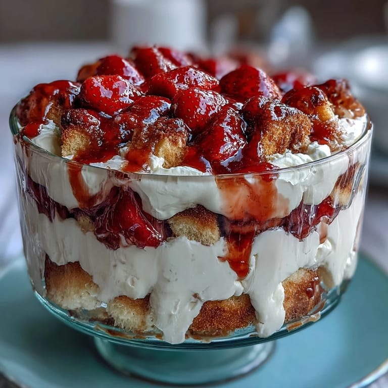 Elegant strawberry shortcake trifle with juicy berries, fluffy cake, and clouds of whipped cream.