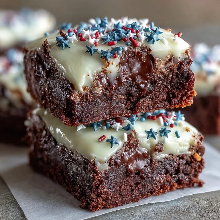 Red, white, and blue decorated brownie bites topped with sparkler picks for Independence Day.  