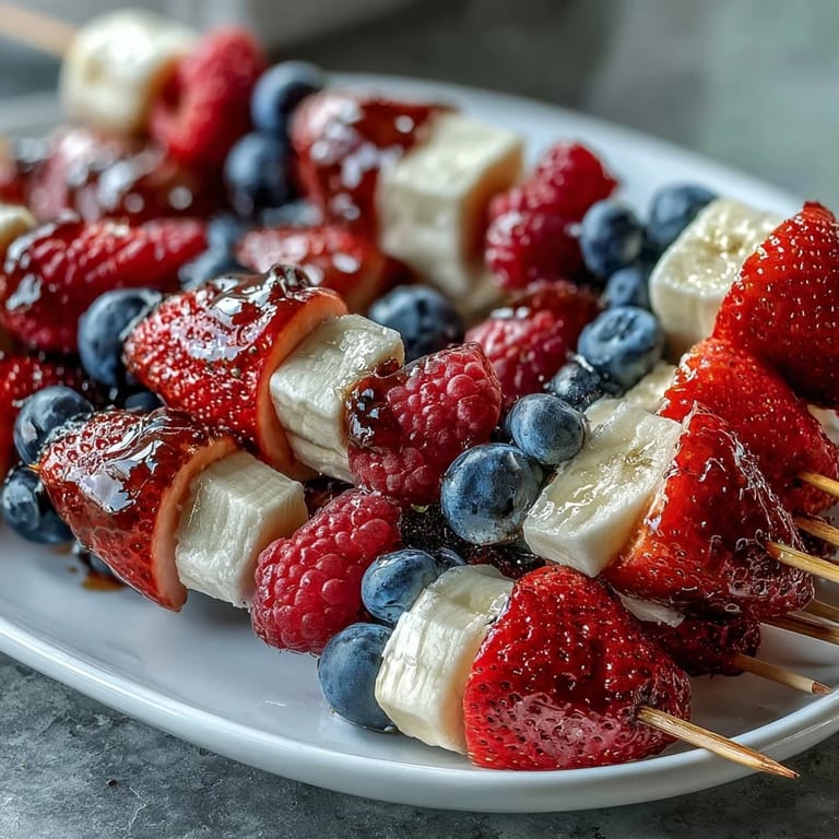 Red, white, and blue fruit skewers featuring juicy strawberries, sweet bananas, and fresh blueberries, ideal for holiday celebrations.