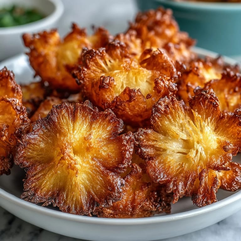 A platter of crispy dandelion flower fritters, fried to perfection, paired with a vibrant, tangy herb dipping sauce.  