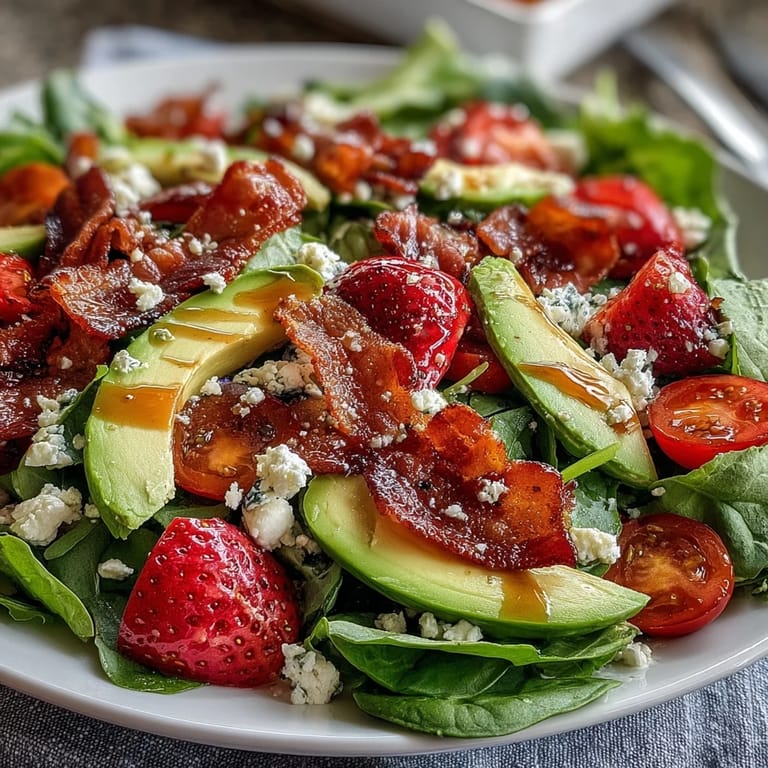 Colorful Spring Cobb Salad with Strawberries and Avocado combines crisp veggies, tangy feta, and a honey balsamic dressing for a light meal.
