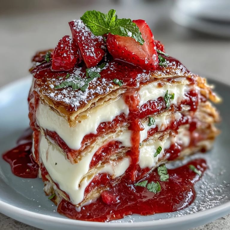 Layered French strawberry crepe cake with mascarpone cream filling and vibrant red fruit slices, perfect for brunch or dessert.