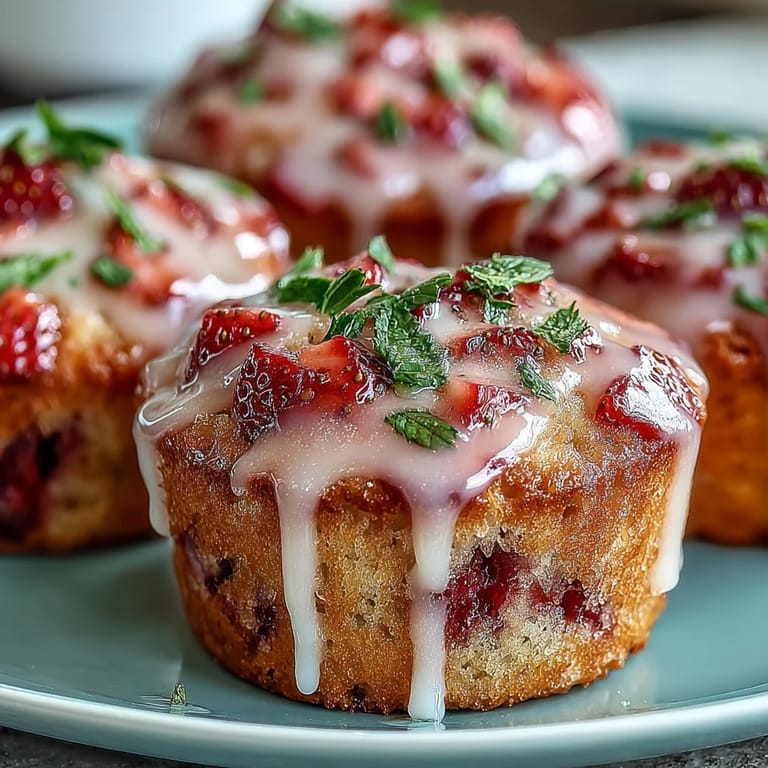 Moist muffins bursting with ripe strawberries and lemon zest, drizzled with a glossy lemon glaze for extra zing.