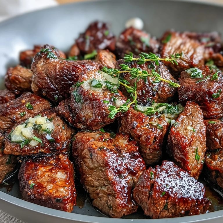 Tender steak cubes seared with garlic and fresh herbs in a one-pan recipe, perfect for a simple yet elegant dinner.