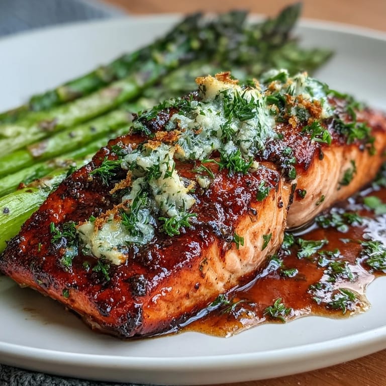 Garlic Butter Salmon with Asparagus, tender salmon fillets pan-seared to perfection and served with crisp asparagus in a fragrant herb butter sauce.