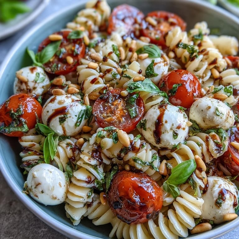 Vibrant Caprese-style pasta salad featuring al dente pasta, juicy tomatoes, creamy mozzarella, and fragrant basil for a refreshing summer meal.