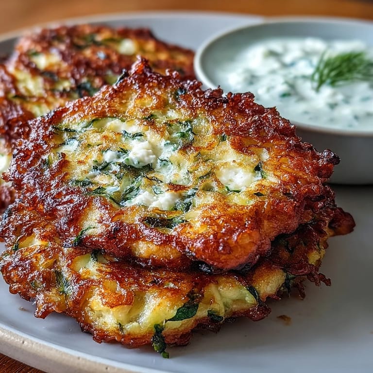 Crispy zucchini fritters topped with feta, alongside a refreshing yogurt mint dip.