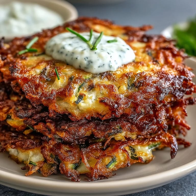 Appetizer-ready zucchini fritters, beautifully golden with a cool, herby dipping sauce.