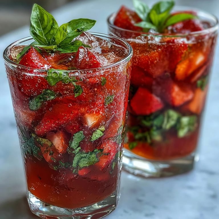 Refreshing non-alcoholic summer drink featuring muddled strawberries, basil, and sparkling water, garnished with lemon and herbs.