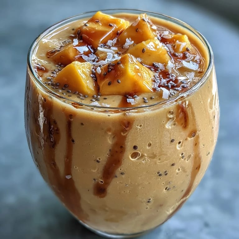 Thick, luscious mango coconut chia smoothie topped with fresh fruit, perfect for sipping.