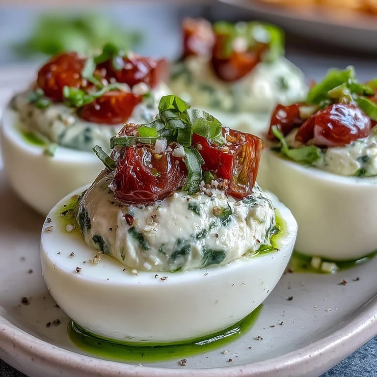 Gourmet Caprese deviled eggs adorned with vibrant basil oil and diced vegetables.