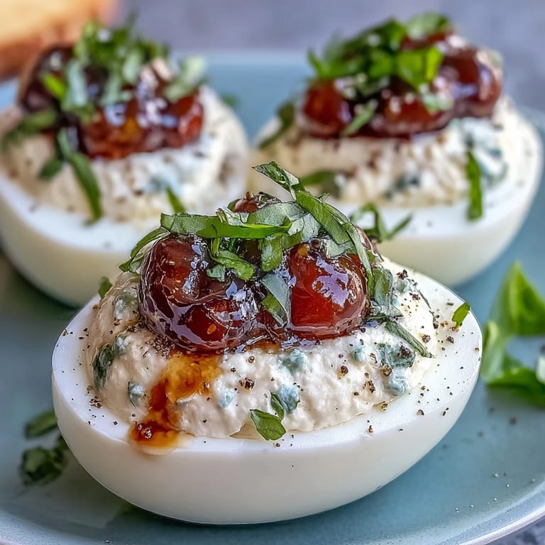 Creamy Caprese deviled eggs, a colorful Italian appetizer ready to be served.
