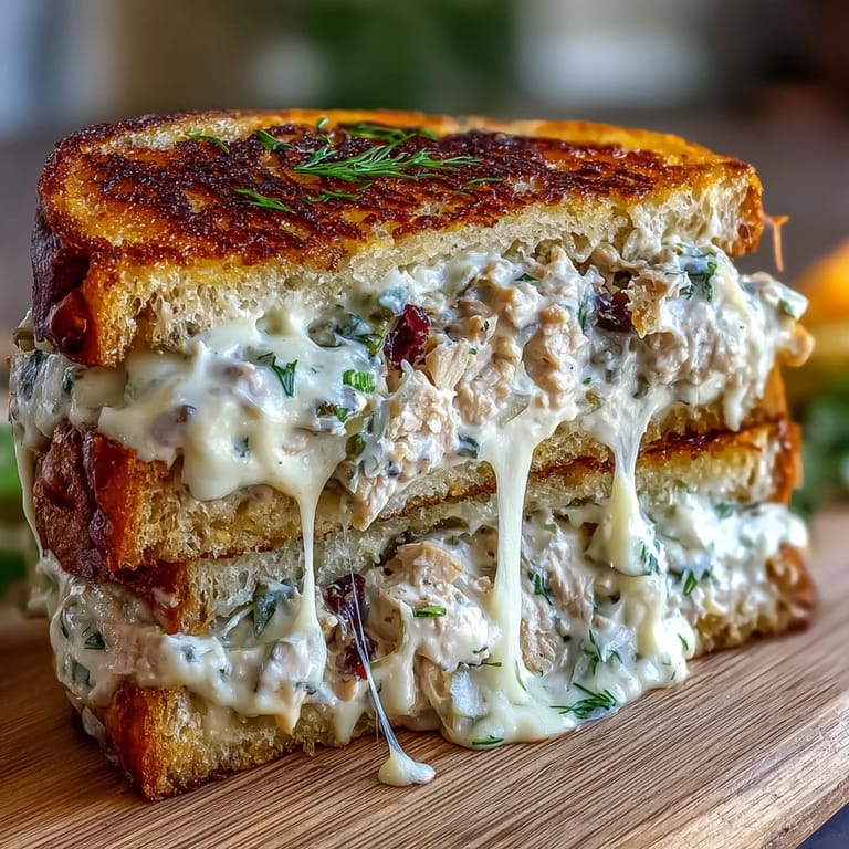 Perfect comfort food: a warm tuna melt with golden toasted bread and creamy filling.