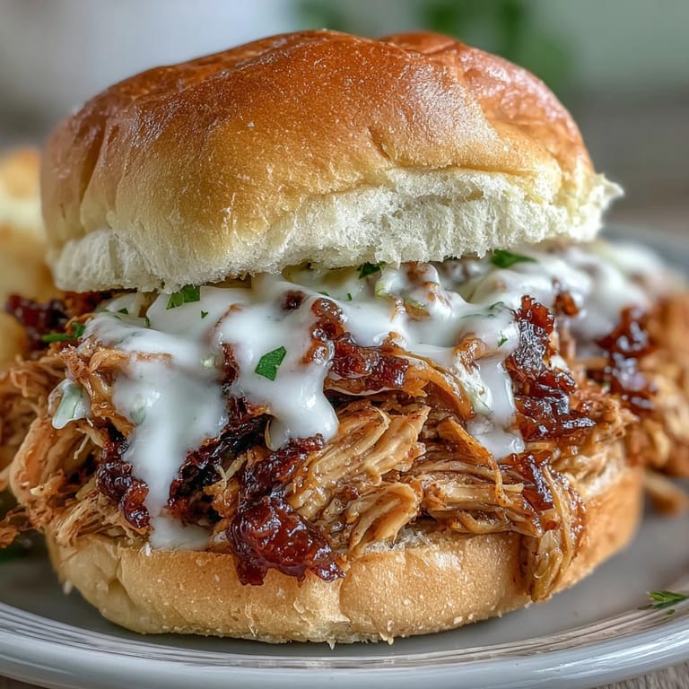 Smoky pulled chicken on toasted buns, envisioned with tangy Alabama white sauce.