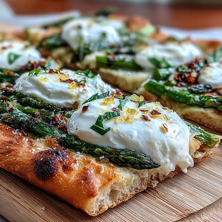 Delectable Roasted Asparagus Flatbread, showcasing crisp asparagus and luscious burrata cheese.