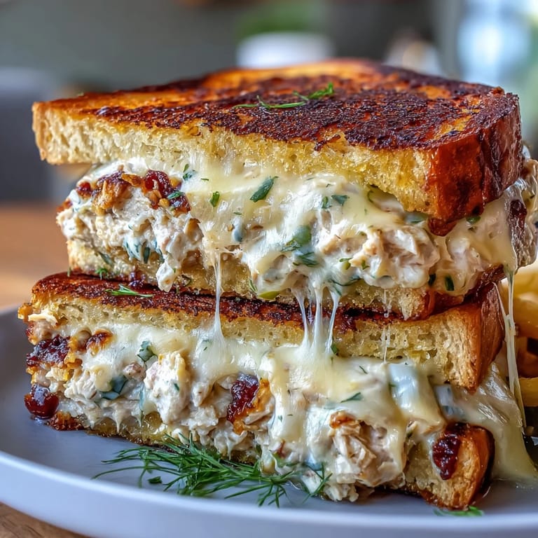 Deliciously crisp tuna melt sandwich, oozing with cheese and served with pickles.