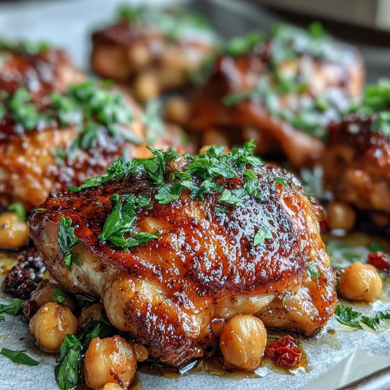 Golden-brown Harissa Chicken Traybake, brimming with tender vegetables and chickpeas, ready to serve.