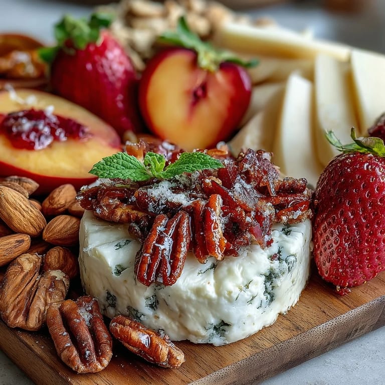 Enjoy this colorful summer charcuterie board, featuring fresh fruit and cheese.