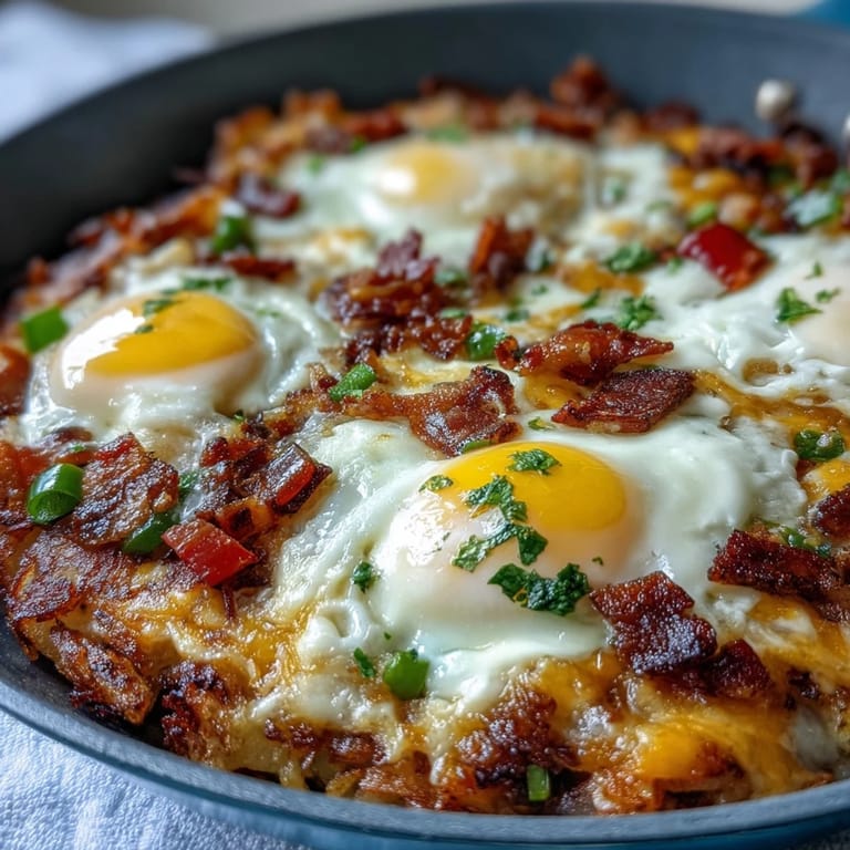 Delectable loaded hash brown skillet with melted cheese, perfect for brunch.