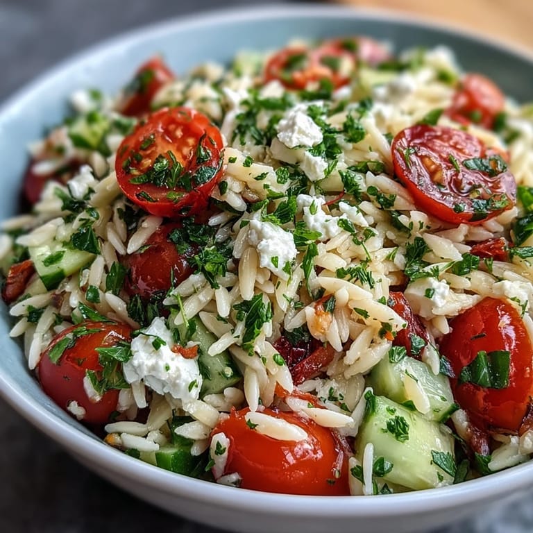 Refreshing orzo salad with feta, vibrant vegetables, and a zesty lemon dressing.