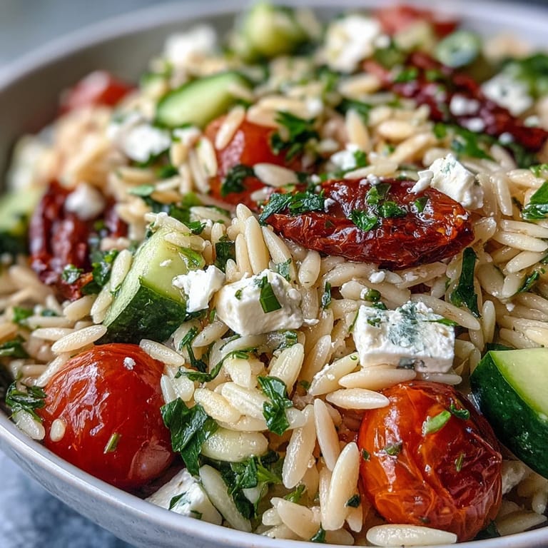 Mediterranean-inspired summer orzo salad, perfect for a light and flavorful lunch.