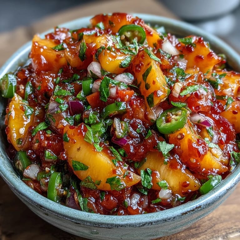 Sweet and spicy Fricy Peach Jalapeño Salsa ready to top your grilled feast.