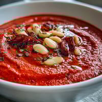 A steaming bowl of roasted red pepper and white bean soup, creamy and vibrant with fresh herbs and a drizzle of olive oil.