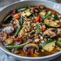 A rustic bowl of vegetable barley soup with mushrooms, filled with tender grains and colorful vegetables in a savory broth.