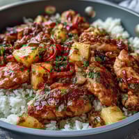 Pineapple Chicken and Rice Skillet with Bell Peppers, a vibrant one-pan dinner with tender chicken, juicy pineapple, and colorful peppers.