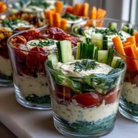 Fresh veggie cups with crisp carrots, celery, and bell peppers served with tangy Greek yogurt ranch dip.  