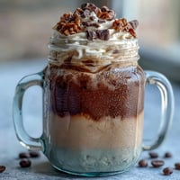 Creamy vanilla bean frappuccino overnight oats with coffee swirls and whipped cream topping in a glass jar, perfect for a refreshing breakfast.