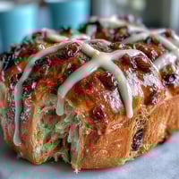 Golden hot cross buns with citrus glaze, their cross piped in flour paste and glistening with zesty orange-lemon topping.  