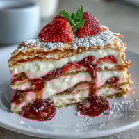 A tall, elegant strawberry crepe cake with delicate layers of vanilla cream and fresh berries, dusted with powdered sugar.