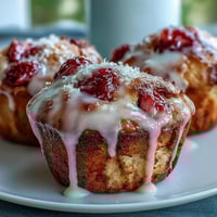 Golden muffins studded with juicy strawberries and topped with a tangy lemon glaze, perfect for a sunny brunch table.