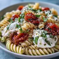 Creamy burrata melts over fresh caprese pasta with burst cherry tomatoes and fragrant basil.