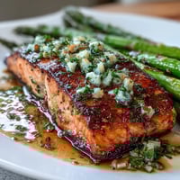 Garlic Butter Salmon with Asparagus sizzling in a skillet, golden fillets glazed with garlic butter sauce alongside bright green asparagus spears.