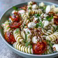 Colorful summer pasta salad with cherry tomatoes, fresh mozzarella, and basil leaves, drizzled with olive oil and balsamic glaze.