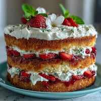 Naked spring cake with fresh strawberries and whipped cream, a light and elegant dessert for seasonal celebrations.